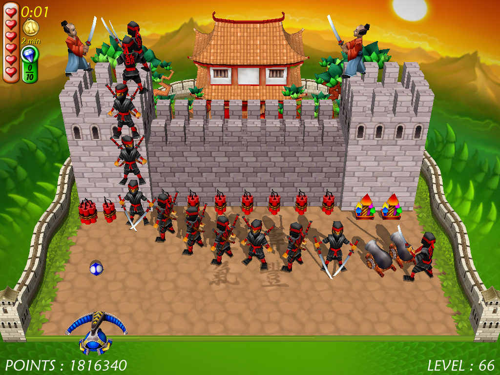 Magic Ball 4 (Windows) screenshot: Ninjas are preparing to lay a siege on the Great Wall of China, and samurais are sent to stop them.