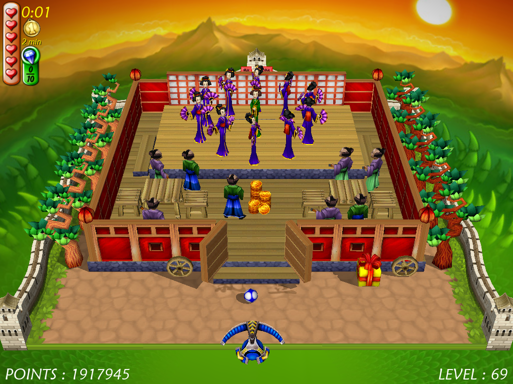 Magic Ball 4 (Windows) screenshot: A band of geishas performing for their audience full of samurais.