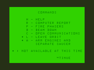 Stellar Search (TRS-80 CoCo) screenshot: Command Options