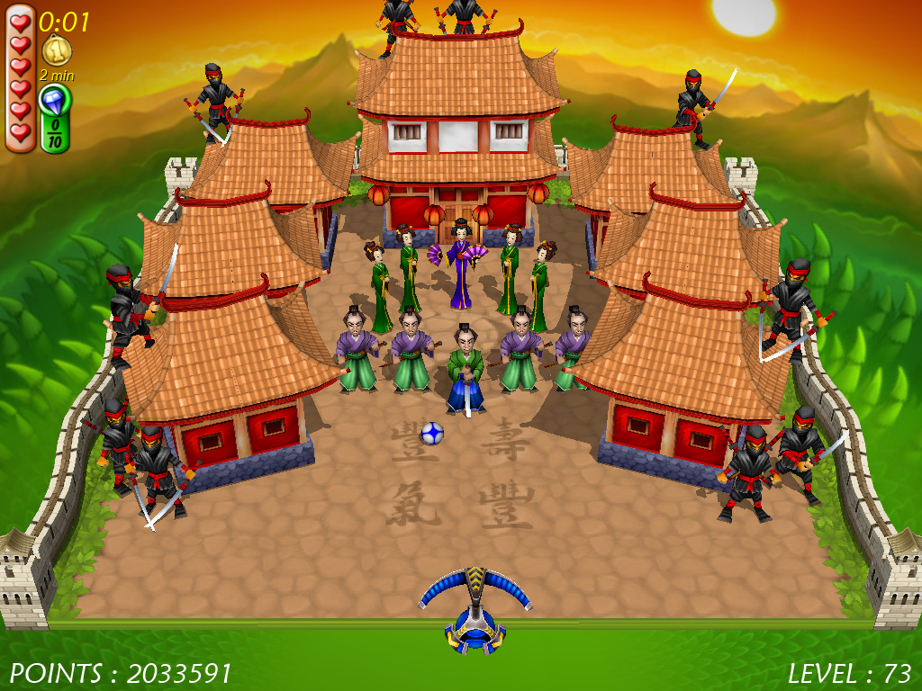 Magic Ball 4 (Windows) screenshot: Ninjas are attempting to perform an ambush on geishas, and it's up to samurais to protect the geishas from ninjas.