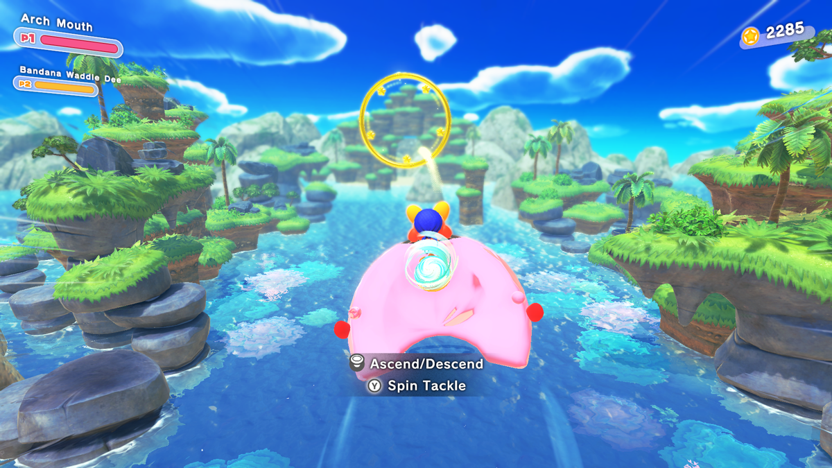 Kirby and the Forgotten Land (Nintendo Switch) screenshot: Kirby inhaled an archway and now he can fly