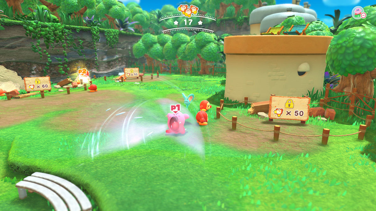 Kirby and the Forgotten Land (Nintendo Switch) screenshot: More homes and businesses appear in Waddle Dee town as you rescue Waddle Dees in stages