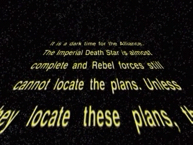 Star Wars: Millennium Falcon CD-ROM Playset (Windows) screenshot: The story is displayed in the familiar Star Wars screen crawl.