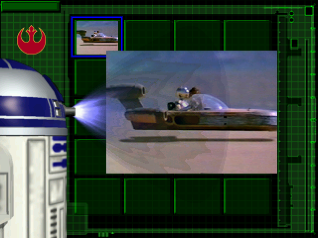 Star Wars: Millennium Falcon CD-ROM Playset (Windows) screenshot: The inventory screen shows your items. You may find additional items beside the Death Star plans, such as this land speeder.