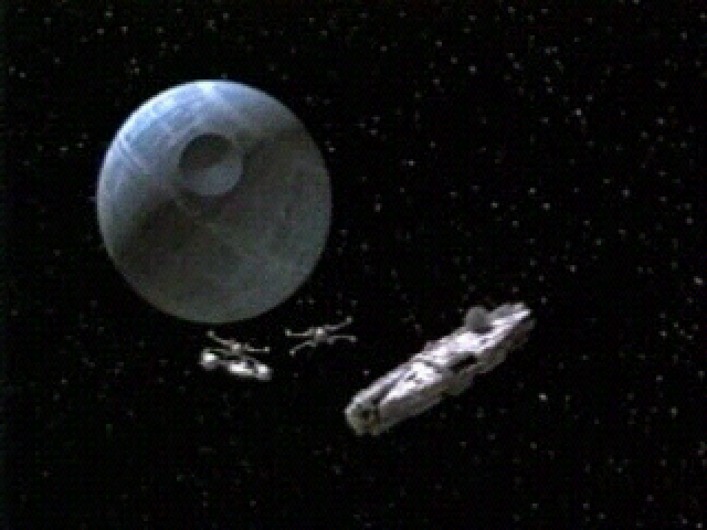 Star Wars: Millennium Falcon CD-ROM Playset (Windows) screenshot: Speeding away after firing proton torpedoes into the Death Star.