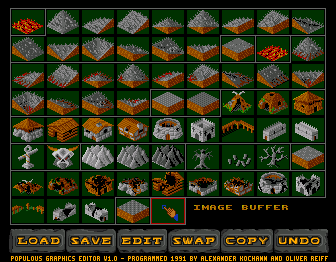 Populous: World Editor (Amiga) screenshot: populous graphics - worlds landscape #4 - rocky (org-size, pxl-exact)