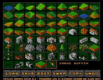 Populous: World Editor (Amiga) screenshot: editor disk graphics - land 2 (org-size, pxl-exact)