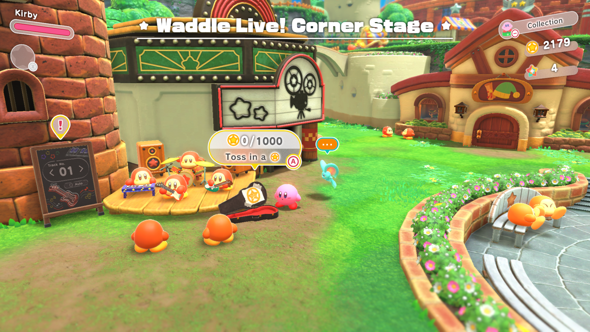 Kirby and the Forgotten Land (Nintendo Switch) screenshot: The Waddle Dee band. Basically, a music test