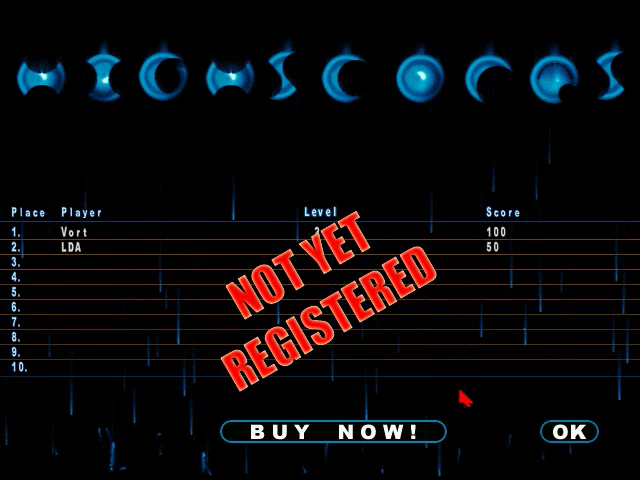 Vortiball (Windows) screenshot: High scores are not available in the demo version.