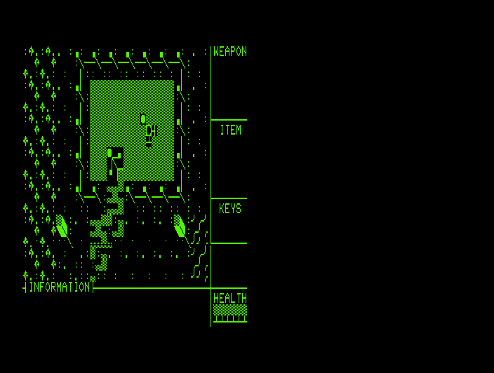 Attack of the Petscii Robots (Commodore PET/CBM) screenshot: A room with a robot (80 columns)