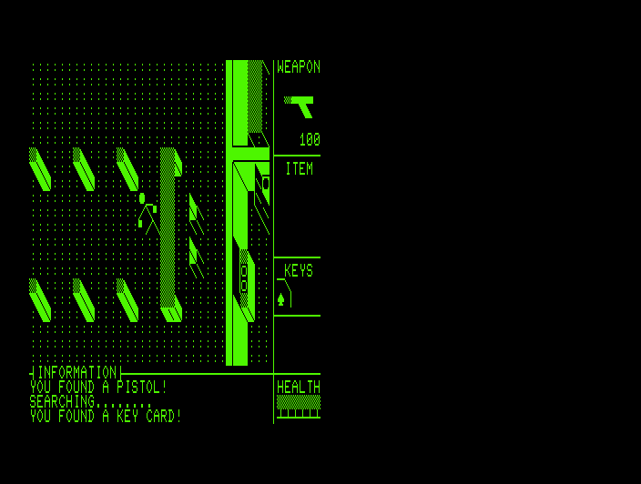 Attack of the Petscii Robots (Commodore PET/CBM) screenshot: Searching - found a key card (80 columns)