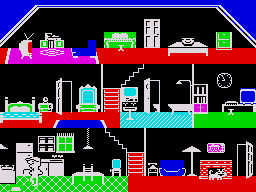 Little Computer People (ZX Spectrum) screenshot: The LCP puts food in the dog bowl.