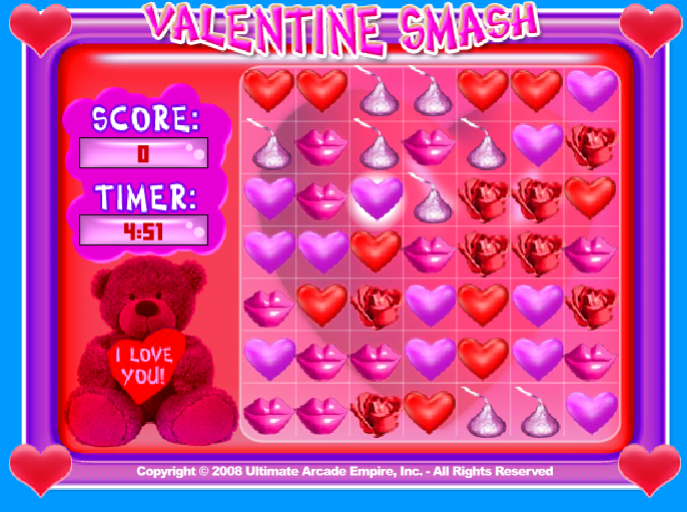 Valentine Smash (Browser) screenshot: Swap the marked purple heart with the red heart below to align the three purple hearts in a row.