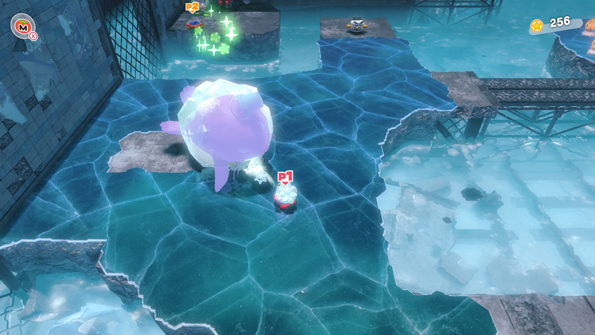 Kirby and the Forgotten Land (Nintendo Switch) screenshot: Freezing an enemy into an ice ball