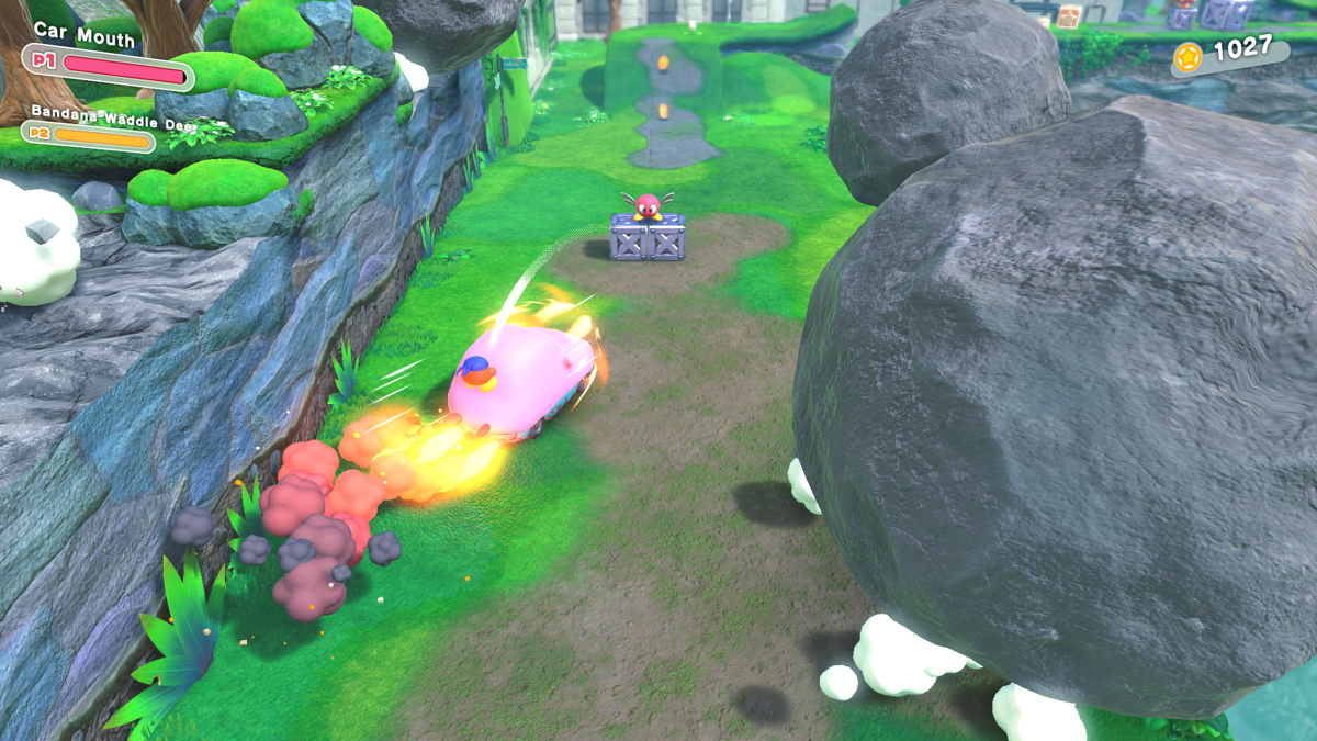 Kirby and the Forgotten Land (Nintendo Switch) screenshot: Kirby inhaled a whole car
