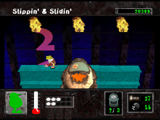 Eggs of Steel (PlayStation) screenshot: A special stage where you have to climb up while blocks are falling down