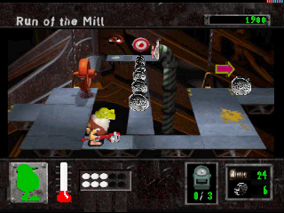 Eggs of Steel (PlayStation) screenshot: Some coins and a target to throw at