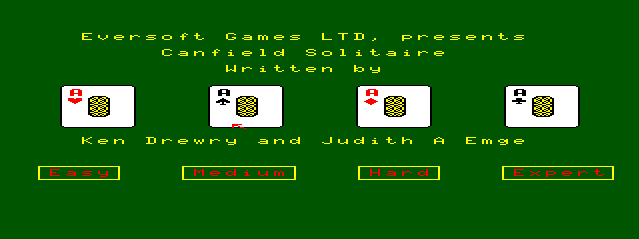 Classic Solitaire (TRS-80 CoCo) screenshot: Canfield Solitaire Title Screen
