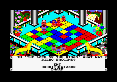 Powerplay: The Game of the Gods (Amstrad CPC) screenshot: If you move into another players piece, you trigger a challenge. Two cyclops face off with a question about Bilbo Baggins.