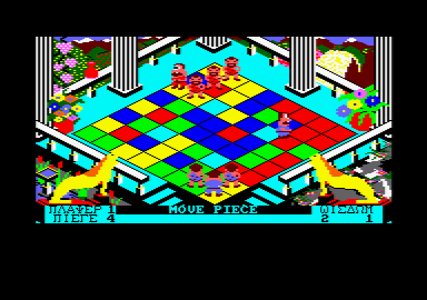 Powerplay: The Game of the Gods (Amstrad CPC) screenshot: Answer enough questions correctly and your piece can mutate to a more powerful form, in this case a cyclops.