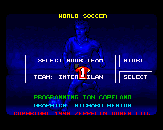 World Soccer (Amiga) screenshot: Selection screen with the only option to choose - the name of your team.