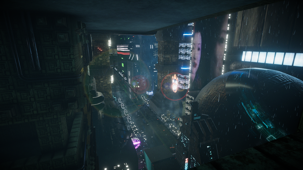 Blade Runner 9732 (Windows) screenshot: The best part begins when you step on the balcony and the music starts...