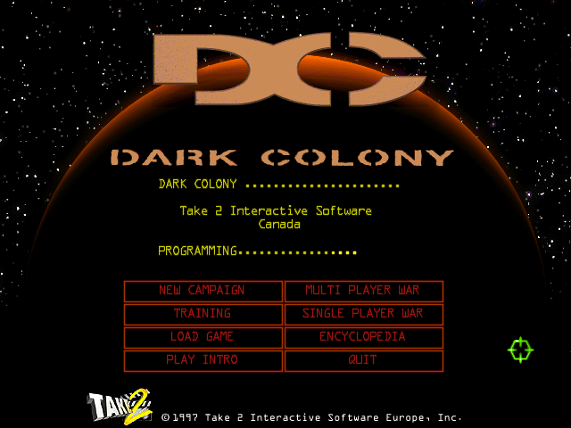 Dark Colony (Windows) screenshot: Main menu (European version)