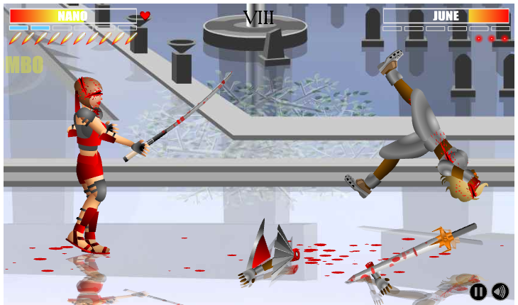 Dead Samurai (Browser) screenshot: Hacked off both my opponent's arms but she's still alive and kicking - even without arms you can keep fighting with your feet, but kicks barely do any damage compared to the sword.