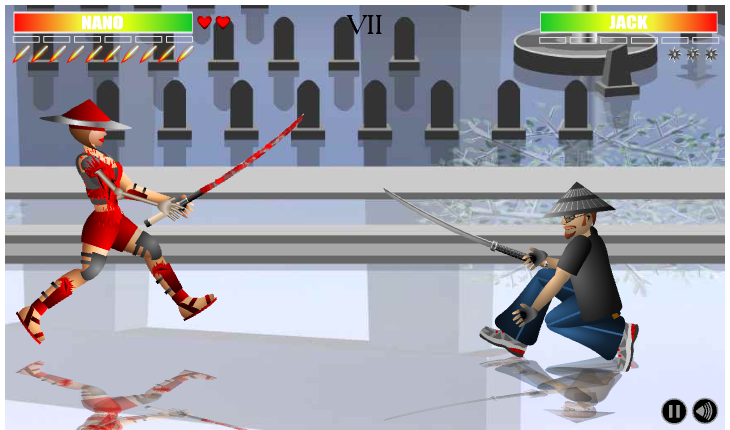 Dead Samurai (Browser) screenshot: Note how one of my character's arms has been replaced with a metal prosthesis because it was chopped off in the last fight.