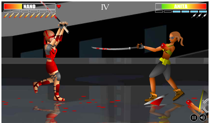 Dead Samurai (Browser) screenshot: Took off one of my enemy's arms but she's still fighting... and I lost more hitpoints than her. Loss of limb isn't an automatic fail state in this game.