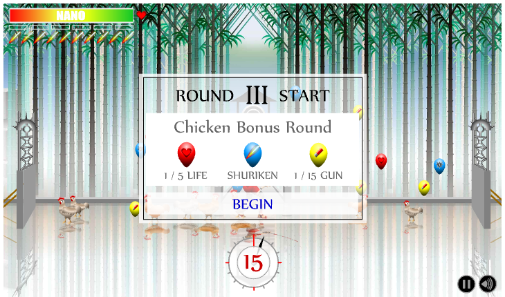 Dead Samurai (Browser) screenshot: The third round is a bonus round: kill chickens and pop balloons to get extra lives and shuriken ammo.