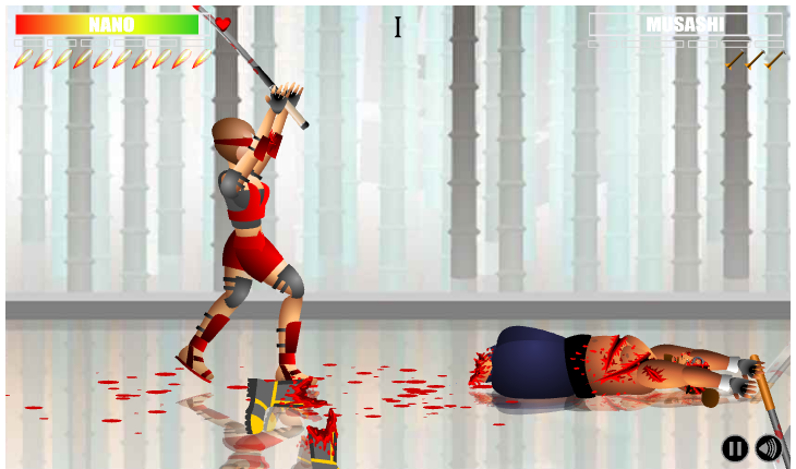 Dead Samurai (Browser) screenshot: My enemy lost his legs and his chest is covered in wounds... the game's visuals are really gruesome.