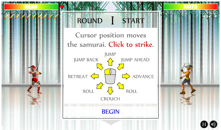 Dead Samurai (Browser) screenshot: The first round starts with a basic explanation of the controls.