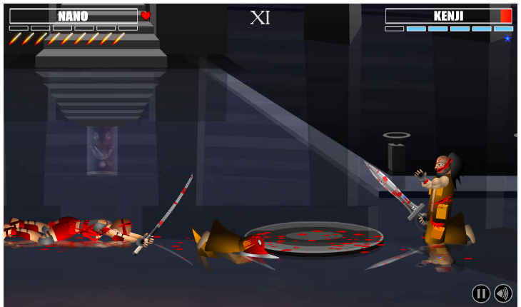 Dead Samurai (Browser) screenshot: My opponent lost a leg but still took me down. Humiliating defeat!