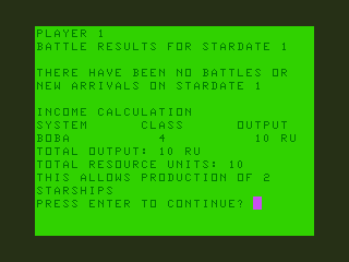 Stellar Empires (TRS-80 CoCo) screenshot: Current Status