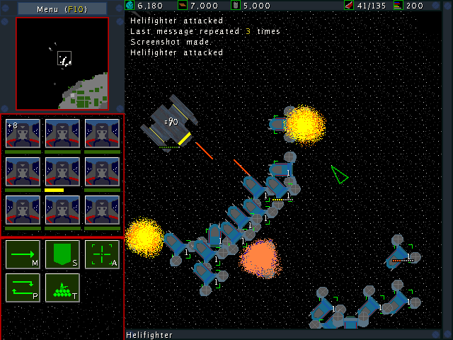 Astroseries (Windows) screenshot: Taking on an enemy cruiser - a unique neutral unit.