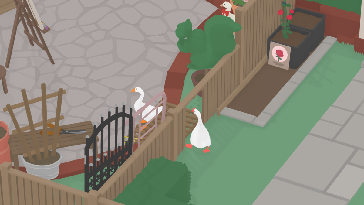 Untitled Goose Game (Windows) screenshot: Just break the fence and come in like you're invited