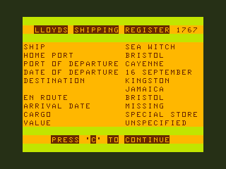 The Mystery of the Java Star (TRS-80 CoCo) screenshot: Shipping Register
