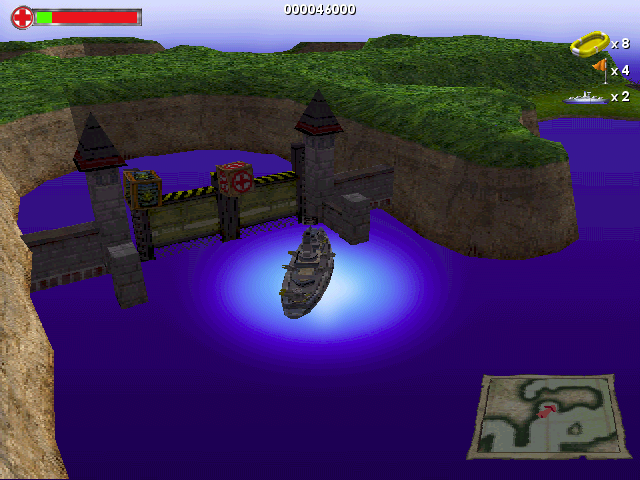 Battleship: Surface Thunder (Windows) screenshot: The graphics are a bit iffy in Arcade mode. The two power up boxes are actually floating on the other side of the wall