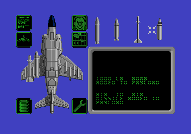 Operation Harrier (Atari ST) screenshot: Load-out screen, pick which weapons you want.