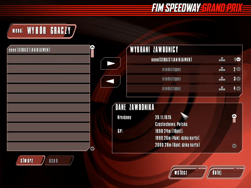 FIM Speedway Grand Prix (Windows) screenshot: Choose players for the race