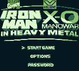 Iron Man / X-O Manowar in Heavy Metal (Game Boy) screenshot: Title screen and main menu