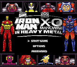 Iron Man / X-O Manowar in Heavy Metal (Game Boy) screenshot: Title screen and main menu (Super Game Boy)