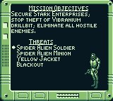 Iron Man / X-O Manowar in Heavy Metal (Game Boy) screenshot: Your mission objectives.