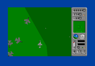 Operation Harrier (Atari ST) screenshot: Dogfighting over an island.