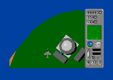 Operation Harrier (Atari ST) screenshot: Flying over some buildings.