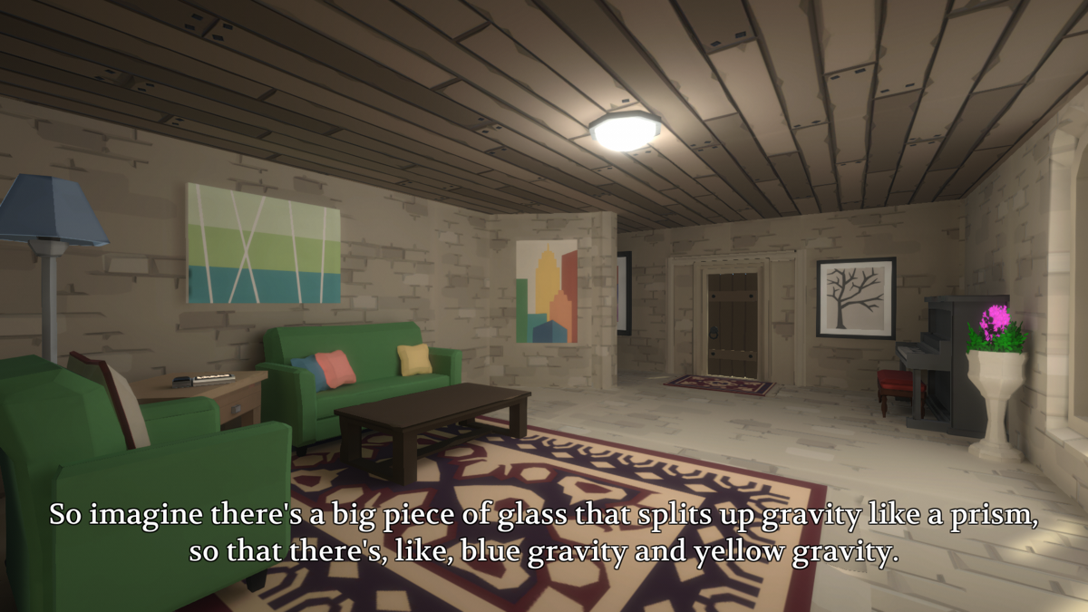 The Looker (Windows) screenshot: The "living room" with a quote from Pynchon's "Gravity's Rainbow". Something I really regret is that in "The Witness" or any of its wikia material we can't find exact quote sources...