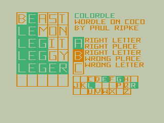Colordle (TRS-80 CoCo) screenshot: I Got Leger