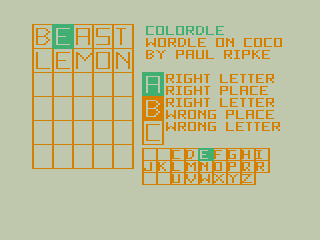 Colordle (TRS-80 CoCo) screenshot: Starting to Guess a Word