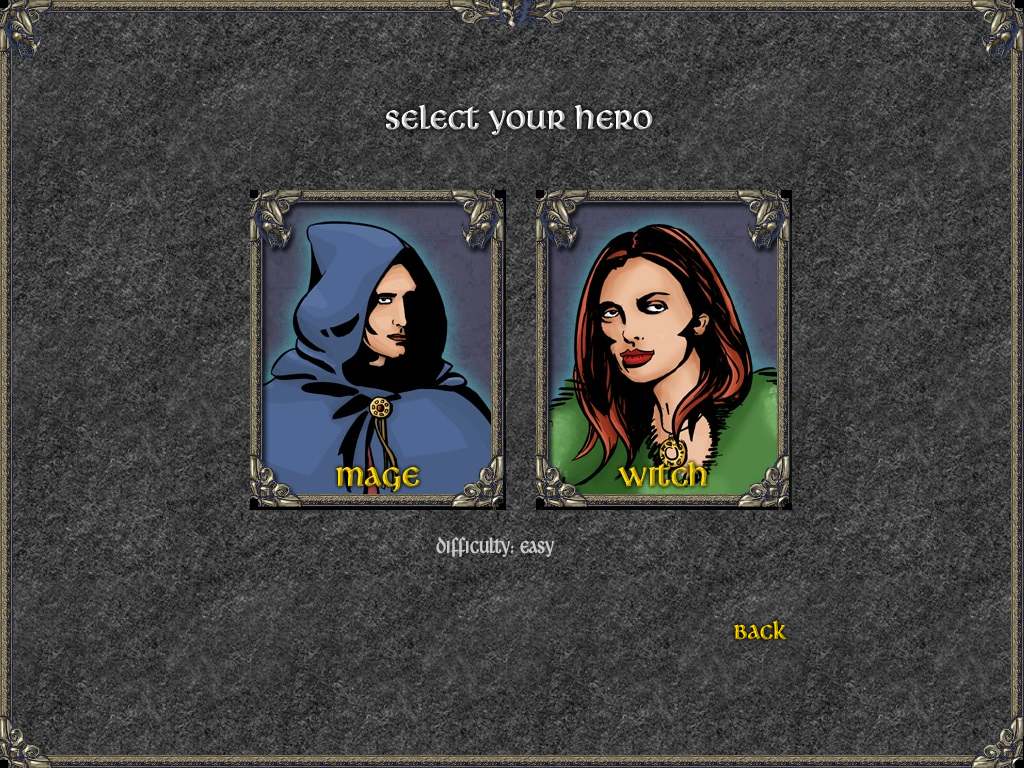 ArchMage (Windows) screenshot: Choose your character: Mage and his dragon Baraba or Witch and her unicorn/pegasus Abarab.